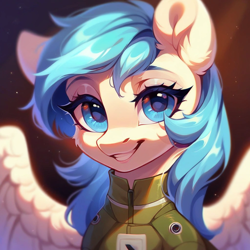 Size: 1024x1024 | Tagged: safe, imported from derpibooru, oc, oc only, oc:white lily, pegasus, ai content, ai generated, bust, clothes, flight suit, generator:purplesmart.ai, generator:stable diffusion, half body, happy, looking at you, pegasus oc, portrait, prompt in description, smiling, smiling at you, spread wings, wings