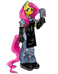 Size: 750x945 | Tagged: safe, artist:swedo, imported from derpibooru, fluttershy, anthro, apron, blood, boots, clothes, gloves, looking at you, meat cleaver, open mouth, shoes, simple background, smiling, solo, standing, white background