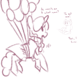 Size: 900x900 | Tagged: safe, artist:goat train, imported from twibooru, oc, oc only, oc:gloomy, oc:marker pony, pony, 4chan, balloon, dialogue, duo, female, image, mare, monochrome, onomatopoeia, png, raspberry, raspberry noise, size difference, sketch, vore denied