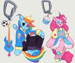 Size: 1080x917 | Tagged: safe, artist:cinnabu, imported from derpibooru, pinkie pie, rainbow dash, anthro, button eyes, carabiner, clothes, cupcake, duo, food, guitar, jacket, keychain, musical instrument, open mouth, simple background, sitting, skirt, smiling