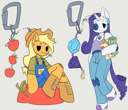 Size: 1080x926 | Tagged: safe, artist:cinnabu, imported from derpibooru, applejack, rarity, anthro, apple, button eyes, carabiner, clothes, denim, duo, food, gem, jeans, jewelry, keychain, necklace, overalls, pants, simple background, smiling