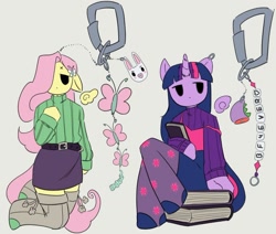 Size: 1080x915 | Tagged: safe, artist:cinnabu, imported from derpibooru, fluttershy, twilight sparkle, anthro, butterfly, book, button eyes, carabiner, clothes, duo, keychain, simple background, sitting, skirt, sweater