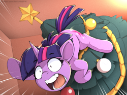 Size: 2140x1600 | Tagged: safe, alternate version, artist:felixf, imported from derpibooru, twilight sparkle, pony, unicorn, alternate character, behaving like a cat, christmas, christmas tree, dropping, holiday, tree, unicorn twilight