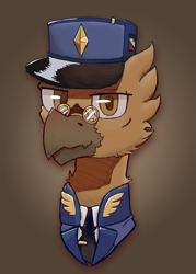 Size: 2557x3565 | Tagged: safe, artist:mikeylokey, imported from derpibooru, oc, oc:gunnar sabel-karlsson, griffon, equestria at war mod, bust, clothes, glasses, griffon oc, hat, portrait, simple background, solo, uniform