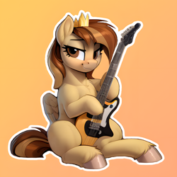 Size: 2048x2048 | Tagged: safe, imported from derpibooru, oc, oc:prince whateverer, pegasus, ai content, ai generated, crown, electric guitar, generator:easyfluff v11.2, generator:stable diffusion, gradient background, guitar, jewelry, musical instrument, pegasus oc, photoshop, prompter:felixx, regalia, sitting, wings