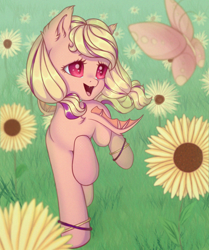 Size: 1772x2119 | Tagged: safe, artist:lony, imported from derpibooru, oc, bat pony, butterfly, pony, flower, solo, sunflower