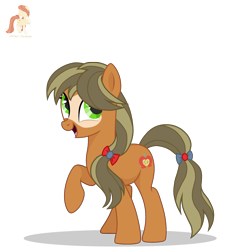 Size: 2500x2500 | Tagged: safe, artist:r4hucksake, imported from derpibooru, oc, oc only, oc:evercrisp pip, earth pony, pony, bow, female, mare, open mouth, ponytail, raised hoof, simple background, smiling, solo, transparent background