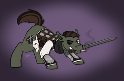 Size: 1228x800 | Tagged: safe, artist:wiggles, imported from derpibooru, oc, earth pony, pony, male, mask, mouth hold, solo, stallion, sword, weapon