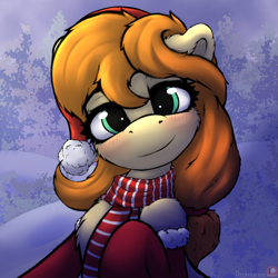 Size: 1920x1920 | Tagged: safe, artist:darbedarmoc, imported from derpibooru, oc, pegasus, pony, art trade, blushing, christmas, clothes, female, hat, holiday, looking at you, oc name needed, santa hat, scarf, smiling, smiling at you, socks, solo