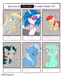 Size: 2661x3178 | Tagged: safe, artist:brvtaldeath, imported from derpibooru, apple bloom, derpy hooves, dj pon-3, gusty, lyra heartstrings, trixie, vinyl scratch, earth pony, pegasus, pony, unicorn, six fanarts, female, filly, foal, g1, mare