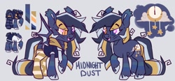 Size: 1400x648 | Tagged: safe, artist:cheekipone, oc, oc only, oc:midnight dust, bat pony, pony, bat pony oc, bat wings, bowtie, bunny suit, clothes, cutie mark, ear tufts, fangs, female, heterochromia, hoodie, mare, open smile, raised hoof, reference sheet, simple background, skirt, socks, solo, spread wings, standing, thigh highs, unshorn fetlocks, wings