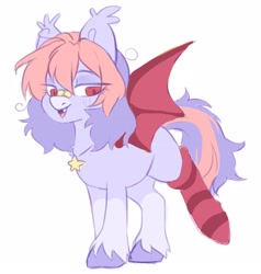 Size: 3222x3378 | Tagged: safe, artist:cheekipone, oc, oc only, oc:lunar eclipse, bat pony, pony, bandage, bandaid on nose, bat pony oc, bat wings, ear tufts, fangs, female, jewelry, mare, necklace, open smile, raised leg, simple background, sock, solo, spread wings, standing, stars, unshorn fetlocks, white background, wings