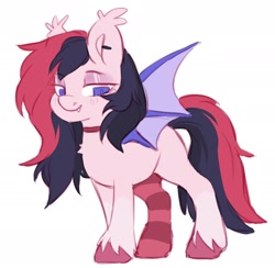 Size: 1648x1610 | Tagged: safe, artist:cheekipone, oc, oc only, oc:solar eclipse, bat pony, pony, bat pony oc, bat wings, choker, clothes, ear piercing, ear tufts, eyeshadow, fangs, female, makeup, mare, piercing, simple background, smiling, sock, socks, solo, spread wings, standing, striped socks, unshorn fetlocks, white background, wings