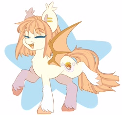 Size: 3675x3490 | Tagged: safe, artist:cheekipone, oc, oc only, oc:honey milk, bat pony, pony, bat pony oc, bat wings, ear piercing, ear tufts, eyes closed, fangs, female, mare, open smile, piercing, raised hoof, raised leg, simple background, solo, standing, stars, unshorn fetlocks, wings