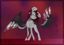 Size: 1698x1192 | Tagged: safe, artist:mrraapeti, imported from derpibooru, oc, oc only, alicorn, pony, robot, robot pony, alicorn oc, blood, damaged, horn, solo, wings