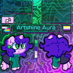 Size: 3840x3840 | Tagged: safe, artist:endercatcore, imported from derpibooru, oc, oc only, oc:artshine aura, original species, plush pony, pony, unicorn, abstract background, asexual pride flag, glasses, gradient background, horn, nonbinary oc, nonbinary pride flag, pansexual pride flag, plushie, ponysona, pride, pride flag, reference sheet, solo, unicorn oc