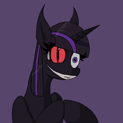 Size: 700x700 | Tagged: safe, artist:ponie pie, imported from derpibooru, twilight sparkle, oc, oc:nihilus, pony, unicorn, fanfic:the immortal game, bust, evil counterpart, evil grin, evil twilight, fangs, grin, heterochromia, horn, insanity, pointed ears, smiling, solo, unicorn twilight