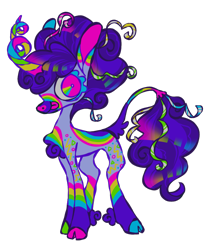 Size: 840x1000 | Tagged: safe, artist:twinklewish, artist:webkinzworldz, imported from derpibooru, oc, oc only, oc:kaleidoscope fizzle streamers, pony, unicorn, 2021, big eyes, blue eyelashes, chest fluff, cloven hooves, coat markings, colored chest fluff, colored eyelashes, colored hooves, colored horn, colored muzzle, colored pinnae, colored tail, concave belly, confetti in tail, curly mane, curly tail, curved horn, dark muzzle, facial markings, fetlock tuft, hair accessory, hooves, horn, lavender coat, leg markings, leonine tail, looking back, mane accessory, mismatched hooves, multicolored ears, multicolored hooves, multicolored tail, no catchlights, old art, pink eyes, profile, purple coat, purple mane, purple tail, rainbow ears, rainbow horn, rainbow muzzle, rainbow tail, shiny mane, shiny tail, shrunken pupils, simple background, smiling, snip (coat marking), socks (coat markings), standing, streamers, tail, tail accessory, tail fluff, tall ears, thin, tongue out, transparent background, unicorn oc, unique horn