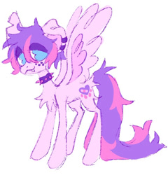 Size: 577x602 | Tagged: safe, artist:twinklewish, artist:webkinzworldz, imported from derpibooru, oc, oc only, oc:puppy love, 2021, blue eyes, butt fluff, chest fluff, collar, colored sketch, colored wings, dog ears, ear piercing, earring, fangs, freckles, jewelry, lidded eyes, long tail, no catchlights, no pupils, old art, piercing, pink coat, ponysona, reference sheet, short mane, simple background, sketch, smiling, solo, spiked collar, spread wings, standing, tail, three quarter view, torn ear, two toned mane, two toned tail, two toned wings, white background, wings