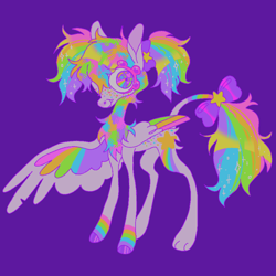 Size: 900x900 | Tagged: safe, artist:twinklewish, artist:webkinzworldz, imported from derpibooru, oc, oc only, oc:starbrite, hippogriff, hybrid, 2021, big eyes, body freckles, bow, butt fluff, chest fluff, coat markings, colored chest fluff, colored eyelashes, colored hooves, colored wings, colored wingtips, cutie mark on hippogriff, eye clipping through hair, facial markings, fangs, freckles, hair bow, heart, heart eyes, hippogriff oc, hooves, hybrid oc, leg markings, leg stripes, leonine tail, long legs, looking back, multicolored eyes, multicolored hair, multicolored mane, multicolored wings, old art, one wing out, paws, pigtails, pink eyelashes, profile, purple background, purple bow, purple hooves, rainbow hair, rainbow tail, rainbow wings, rainbow wingtips, shiny eyelashes, shiny hooves, simple background, smiling, snip (coat marking), socks (coat markings), sparkly mane, sparkly tail, standing, stripes, tail, tail bow, tall ears, thin, thin legs, thin tail, tied mane, torn wings, wide eyes, wingding eyes, wings