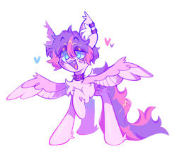 Size: 945x845 | Tagged: safe, artist:twinklewish, artist:webkinzworldz, imported from derpibooru, oc, oc only, oc:puppy love, bat pony, pegasus, pony, 2021, bat pony oc, bat wings, blue eyes, chest fluff, collar, colored ear fluff, colored mouth, colored pupils, colored wings, ear piercing, ear tufts, earring, eyebrows, eyebrows visible through hair, eyeshadow, fangs, fetlock tuft, floating heart, freckles, heart, jewelry, lidded eyes, long tail, makeup, old art, open mouth, open smile, pegasus oc, piercing, pink coat, pink wings, ponysona, purple eyeshadow, purple mouth, raised hoof, shiny coat, shiny eyes, shiny mane, shiny tail, short mane, simple background, smiling, solo, spiked collar, spread wings, standing, tail, torn ear, transparent background, wings, yellow pupils