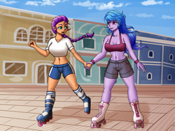 Size: 2400x1800 | Tagged: safe, artist:zachc, imported from derpibooru, izzy moonbow, sunny starscout, human, equestria girls, belly, belly button, breasts, busty izzy moonbow, busty sunny starscout, cleavage, clothes, commission, denim, denim shorts, duo, equestria girls-ified, female, g5, g5 to equestria girls, g5 to g4, generation leap, holding hands, looking at each other, looking at someone, maretime bay, open mouth, open smile, roller skates, rollerblades, shipping, short shirt, shorts, skates, smiling, tanktop