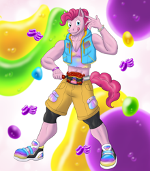 Size: 2080x2365 | Tagged: safe, artist:kamenriderpegasus, imported from derpibooru, pinkie pie, anthro, earth pony, belt, bubble berry, clothes, henshin, kamen rider, kamen rider gavv, male, rule 63, short shirt, shorts, sleeveless