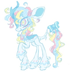 Size: 1000x1000 | Tagged: safe, artist:twinklewish, artist:webkinzworldz, imported from derpibooru, oc, oc only, oc:dreamie (webkinzworldz), kirin, 2021, big ears, big eyes, bow, coat markings, colored horn, colored pinnae, eye markings, eyelashes, horn, kirin oc, leg markings, long tail, multicolored eyes, no catchlights, nonbinary, nonbinary oc, old art, profile, raised hoof, simple background, smiling, solo, sparkles, sparkly mane, sparkly tail, standing on three hooves, tail, tail bow, tail fluff, thin tail, three toned eyes, three toned mane, three toned tail, transgender, transgender oc, unshorn fetlocks, white background, white coat, wide eyes