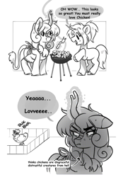 Size: 2100x3024 | Tagged: safe, artist:opalacorn, imported from derpibooru, oc, oc only, bird, chicken, kirin, pony, unicorn, 2 panel comic, apron, clothes, comic, duo, duo female, female, fence, grill, horn, mare, oc name needed, simple background, white background