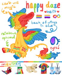 Size: 1500x1808 | Tagged: safe, artist:twinklewish, artist:webkinzworldz, imported from derpibooru, oc, oc only, oc:sunny smiles (webkinzworldz), alicorn, pony, 2021, alicorn oc, autism spectrum disorder, blue text, blush scribble, blushing, colored hooves, colored horn, colored lineart, colored pinnae, colored wings, eyebrows, eyebrows visible through hair, eyelashes, fluffy mane, freckles, gay pride flag, green text, hair over eyes, hooves, horn, infinity symbol, keychain, leg markings, leg stripes, leonine tail, long tail, mismatched ears, mismatched hooves, multicolored hair, multicolored hooves, multicolored mane, multicolored tail, multicolored wings, nonbinary, nonbinary oc, old art, plushie, pride, pride flag, purple eyes, rainbow freckles, rainbow hair, rainbow horn, rainbow text, red text, shiny hooves, sitting, smiling, solo, stripes, tail, tail fluff, thin tail, tiedye, underhoof, unshorn fetlocks, wings, wolf cut, yellow coat, yellow text