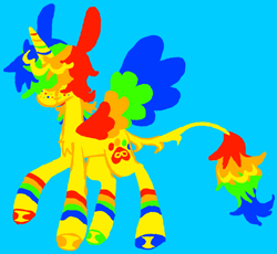 Size: 1487x1369 | Tagged: safe, artist:twinklewish, artist:webkinzworldz, imported from derpibooru, oc, oc only, oc:sunny smiles (webkinzworldz), alicorn, pony, 2021, alicorn oc, blue background, blush scribble, blushing, chest fluff, colored hooves, colored horn, colored lineart, colored wings, eyebrows, eyebrows visible through hair, fluffy mane, freckles, hair over eyes, hooves, horn, leg markings, leg stripes, leonine tail, long tail, mismatched hooves, multicolored hair, multicolored hooves, multicolored mane, multicolored wings, nonbinary, nonbinary oc, old art, profile, rainbow freckles, rainbow hair, rainbow horn, rainbow tail, rainbow wings, saturated, shiny hooves, simple background, smiling, solo, spread wings, stripes, tail, thin tail, unshorn fetlocks, wings, wolf cut, yellow coat