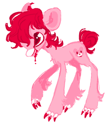 Size: 942x1094 | Tagged: safe, artist:twinklewish, artist:webkinzworldz, imported from derpibooru, pony, 2021, bear ears, blood, bloody mouth, chest fluff, claws, colored muzzle, colored pinnae, facial markings, gloomy bear, hoof claws, leg fluff, mealy mouth (coat marking), narrowed eyes, old art, pale muzzle, ponified, profile, red eyes, red mane, red pupils, red tail, sharp teeth, simple background, smiling, solo, tail, teeth, white background