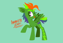 Size: 1316x900 | Tagged: safe, artist:twinklewish, artist:webkinzworldz, imported from derpibooru, oc, oc only, oc:ammolite zap, pegasus, pony, 2021, alternate universe, cascading cutie mark, colored eyebrows, colored pupils, floating eyebrows, floating eyes, lineless, looking back, multicolored hair, multicolored mane, old art, one eye closed, orange text, pegasus oc, pixel-crisp art, purple eyes, purple pupils, rainbow hair, rainbow tail, raised hoof, spread wings, standing, standing on three hooves, tail, tongue out, torn ear, turned head, wings, wink