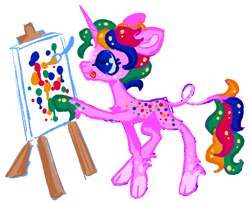 Size: 900x730 | Tagged: safe, artist:twinklewish, artist:webkinzworldz, imported from derpibooru, oc, oc only, oc:polka palooza, pony, unicorn, 2021, blue eyes, blue sclera, canvas, cloven hooves, coat markings, colored pinnae, colored sclera, easel, eyelashes, fetlock tuft, hoof painting, horn, leg markings, leonine tail, long tail, multicolored mane, multicolored tail, old art, paint, paintbrush, painting, profile, rectangular pupil, simple background, smiling, socks (coat markings), sparkly mane, sparkly tail, spots, tail, thin, thin tail, tongue out, unicorn horn, unicorn oc, white background