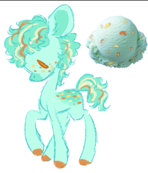 Size: 571x670 | Tagged: safe, artist:twinklewish, artist:webkinzworldz, imported from derpibooru, oc, oc only, oc:minty scoops, earth pony, pony, 2021, big ears, blank flank, brown eyes, coat markings, colored hooves, colored pinnae, curly mane, curly tail, dot eyes, ear fluff, earth pony oc, facial markings, fluffy mane, fluffy tail, food, freckles, green coat, green mane, green tail, hooves, ice cream, looking down, male, male oc, mint coat, no mouth, old art, orange hooves, profile, simple background, snip (coat marking), solo, stallion, stallion oc, striped mane, striped tail, tail, thin legs, three toned mane, three toned tail, white background