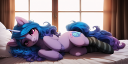 Size: 2048x1024 | Tagged: safe, imported from derpibooru, izzy moonbow, pony, unicorn, ai content, ai generated, bed, blushing, clothes, female, g5, horn, looking at you, lying down, mare, on side, prone, socks, solo, unshorn fetlocks, window