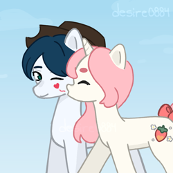 Size: 4000x4000 | Tagged: safe, artist:desire0884, imported from derpibooru, oc, oc:desire berry, earth pony, pony, unicorn, blue hair, bow, boyfriend and girlfriend, cheek kiss, couple, cowboy hat, cute, cutie mark, eyes closed, food, hat, horn, kissing, one eye closed, pink hair, simple background, sky, strawberry, walking, wink