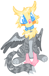 Size: 944x1478 | Tagged: safe, artist:twinklewish, artist:webkinzworldz, imported from derpibooru, oc, oc only, oc:gibby, griffon, 2021, beak, blue eyes, blue pupils, coat markings, collar, colored legs, colored lineart, colored pupils, colored wings, colored wingtips, facial markings, feather, gray feathers, gray wingtips, griffon oc, next generation, old art, one wing out, parent:unknown, partially open wings, paws, simple background, socks (coat markings), solo, stripes, white background, wing stripes, wings