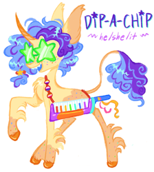 Size: 1301x1454 | Tagged: safe, artist:webkinzworldz, imported from derpibooru, oc, oc only, oc:dip-a-chip, pony, unicorn, blank flank, blue mouth, coat markings, colored ears, colored hooves, colored horn, colored teeth, curly mane, curly tail, curved horn, ear tufts, freckles, genderfluid, genderfluid pride flag, glasses, hair tie, hooves, horn, keyboard, leg markings, lesbian pride flag, long horn, long legs, musical instrument, next generation, nonbinary oc, nonbinary pride flag, open mouth, open smile, orange hooves, parents:cheesefavor, piano, pride, pride flag, profile, purple text, sharp teeth, shiny hooves, shiny mane, shiny tail, smiling, socks (coat markings), star glasses, star sunglasses, sunglasses, tail, tall ears, teeth, thin legs, thin tail, unicorn horn, unicorn oc, yellow coat