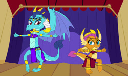 Size: 1153x693 | Tagged: safe, artist:detailedatream1991, imported from derpibooru, princess ember, smolder, dragon, anklet, belly dancer, belly dancer outfit, bracelet, dragoness, duo, duo female, female, jewelry, loincloth, midriff, necklace, stage