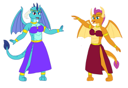 Size: 1077x742 | Tagged: safe, artist:mlp-headstrong, imported from derpibooru, princess ember, smolder, dragon, anklet, belly dancer, belly dancer outfit, bracelet, breasts, busty princess ember, busty smolder, cleavage, clothes, dragoness, duo, duo female, female, jewelry, midriff, necklace, side slit, simple background, skirt, transparent background