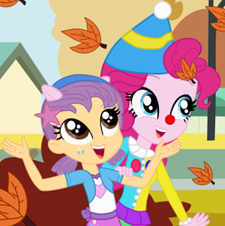 Size: 1960x1968 | Tagged: safe, artist:user15432, artist:yaya54320bases, imported from derpibooru, pinkie pie, human, equestria girls, autumn leaves, base used, bubble guppies, clothes, clown, clown hat, clown nose, costume, crossover, cutie mark, cutie mark on clothes, cutie mark on human, equestria girls style, equestria girls-ified, female, hairpin, halloween, halloween costume, hat, headband, holiday, leaf, leaves, logo, nick jr., nickelodeon, oona, oona (bubble guppies), open mouth, open smile, pinkie pie costume, pony ears, red nose, smiling