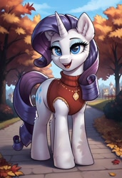 Size: 832x1216 | Tagged: safe, imported from derpibooru, rarity, pony, unicorn, ai content, ai generated, autumn, clothes, generator:pony diffusion v6 xl, generator:stable diffusion, horn, prompter:thelight3d, tree