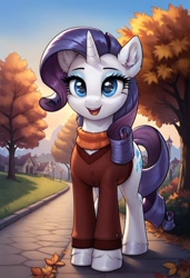 Size: 832x1216 | Tagged: safe, imported from derpibooru, rarity, pony, unicorn, ai content, ai generated, autumn, clothes, generator:pony diffusion v6 xl, generator:stable diffusion, horn, prompter:thelight3d, tree