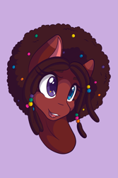 Size: 1365x2048 | Tagged: safe, artist:mscolorsplash, imported from derpibooru, oc, oc only, earth pony, pony, afro, bust, colored pupils, female, heart, heart eyes, heterochromia, mare, open mouth, open smile, patreon, patreon reward, purple background, simple background, smiling, solo, wingding eyes