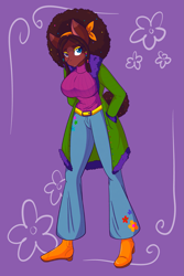 Size: 1365x2048 | Tagged: safe, artist:mscolorsplash, imported from derpibooru, oc, oc only, anthro, earth pony, plantigrade anthro, afro, bellbottoms, big breasts, breasts, busty oc, clothes, colored pupils, female, hand in pocket, heterochromia, huge breasts, jacket, mare, patreon, patreon reward, purple background, simple background, solo