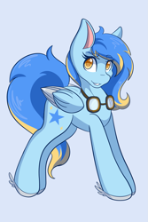 Size: 1365x2048 | Tagged: safe, artist:mscolorsplash, imported from derpibooru, oc, oc only, pegasus, pony, colored pupils, colored wings, colored wingtips, eyebrows, eyebrows visible through hair, female, goggles, goggles around neck, grin, light blue background, mare, patreon, patreon reward, simple background, smiling, solo, wings