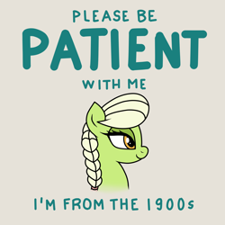 Size: 1500x1500 | Tagged: safe, artist:vomitvomiting, imported from derpibooru, granny smith, pony, drawthread, requested art, solo, text, young granny smith, younger