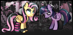 Size: 3878x1890 | Tagged: safe, artist:scarffist, derpibooru exclusive, imported from derpibooru, fluttershy, twilight sparkle, alicorn, pegasus, pony, alternate hairstyle, base used, broken horn, choker, clothes, duo, duo female, ear piercing, earring, emo, emo twilight, emoshy, eyelashes, female, gloves, goth, horn, jewelry, lip piercing, looking down, looking up, piercing, sad, socks, stockings, striped socks, thigh highs, twilight sparkle (alicorn), wings