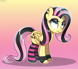 Size: 2223x1980 | Tagged: safe, artist:scarffist, derpibooru exclusive, imported from derpibooru, fluttershy, pegasus, pony, alternate hairstyle, base used, clothes, ear piercing, emo, emoshy, eyelashes, gloves, gradient background, long hair, long mane, long tail, looking up, piercing, sad, socks, solo, stockings, striped socks, tail, thigh highs, wings